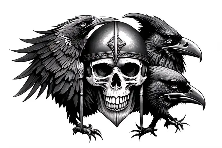 Viking Warrior Skull In Helmet With Ravens Huginn And Muninn
