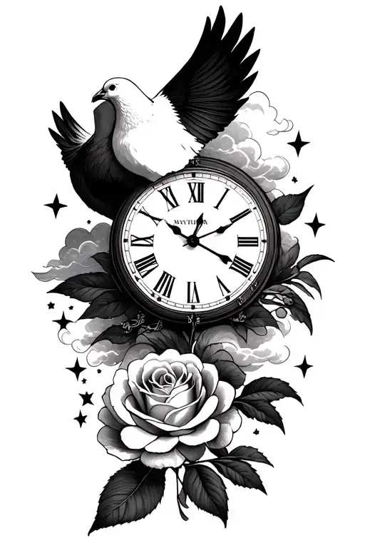 Dove Clock Rose With Clouds And Stars