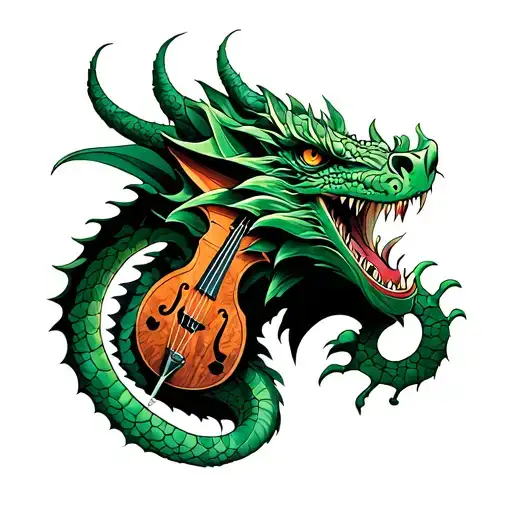 A Mystical Green Dragon With Musical Instruments Incorporated Into Its Scales