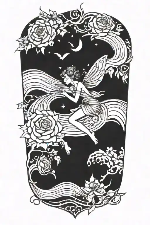 Fairy And Marigolds And Roses And Ocean Waves Flowing