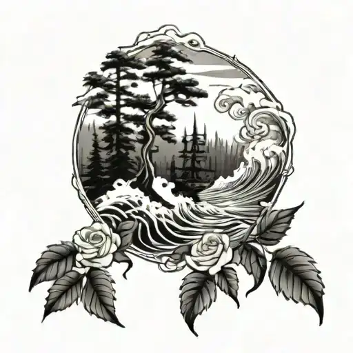 Redwood Trees And Roses And Ocean Wave Crashing