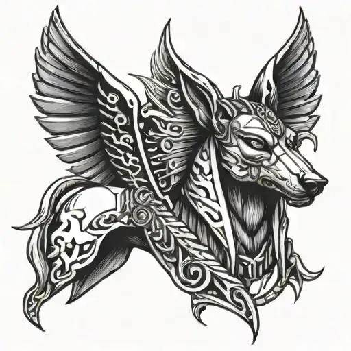 Create A Tattoo Design Featuring Anubis And An Angel In A Blackwork Style Inspired By Rock Music
