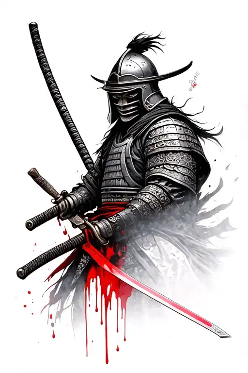 Gray Scale Samurai Warrior With Helmet And Samurai Sword With Red Blood On It Arm Sleeve