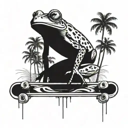 A Detailed Blackwork Tattoo Of A Frog Riding A Skateboard Through A Palm Tree Forest