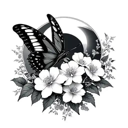 Papilio Alexanor With Japenese Flowers Tsubaki With Moon In Background