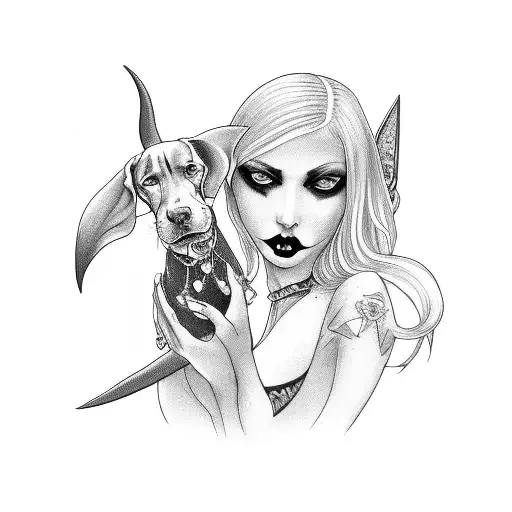 A Gothic Sexy Succubus Holding A Doberman