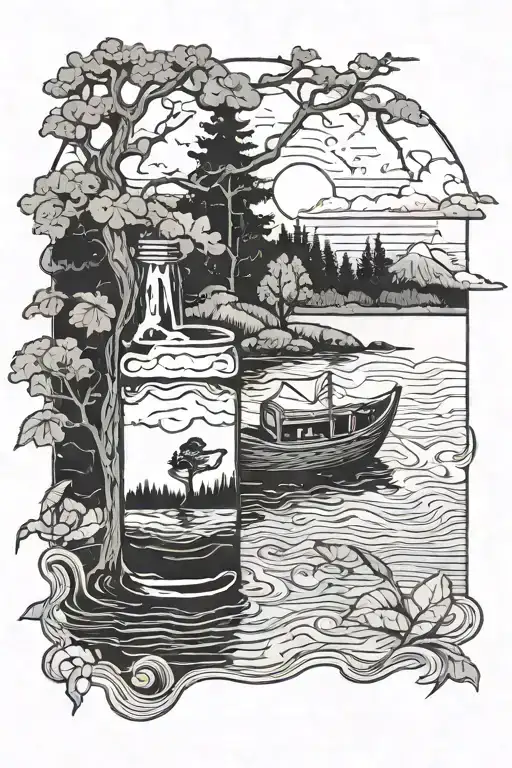 A Serene Lake Scene With A Fishing Boat And A Beer Bottle Floating On The Water
