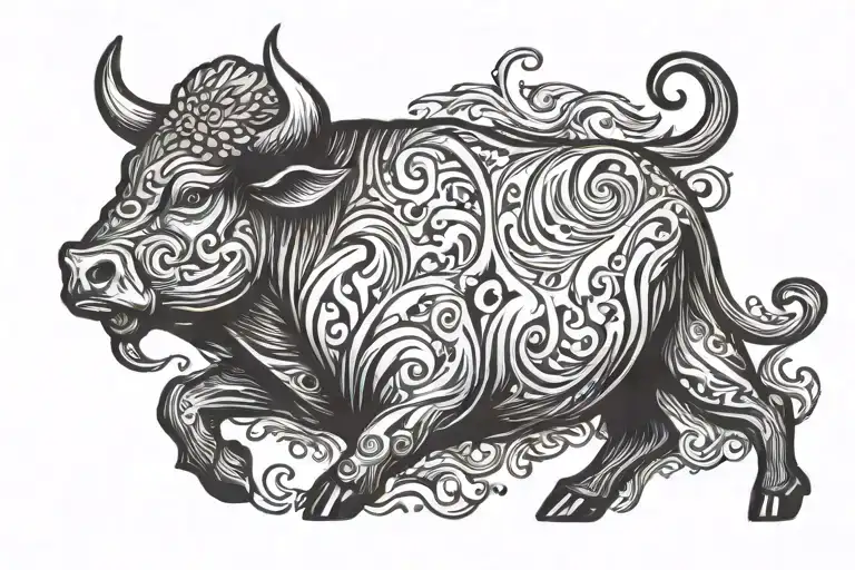 Bull That Runs In Profile In Engraving Style