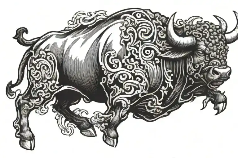 A Pumped-up Bull Running In Profile In Engraving Style
