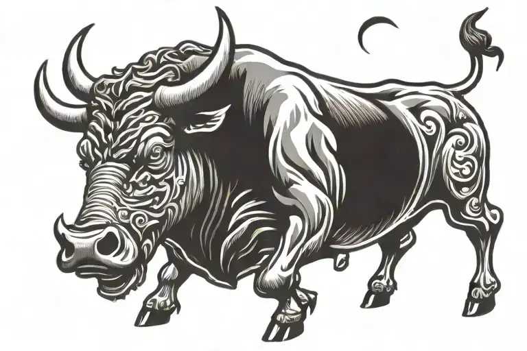 A Pumped-up Bull Running In Profile In Engraving Style
