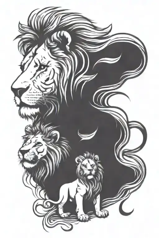 Lion With His Lioness And Cub Luchando