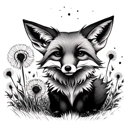 Fox Sitting Surrounded By Dandelions