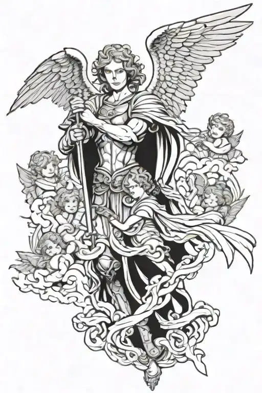 Archangel Michael Slaying Demons And Is Surrounded By Baby Angels Praying