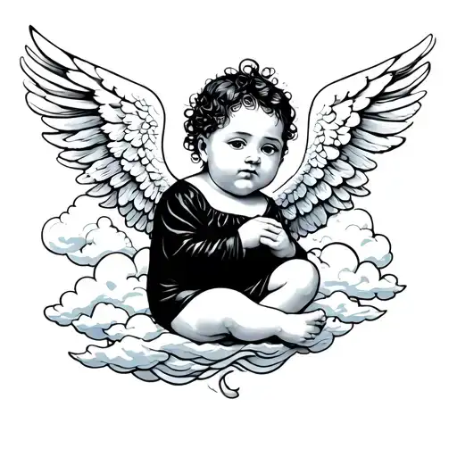 Palm Sized Tattoo Of Dark Angel Baby With Clouds In The Background