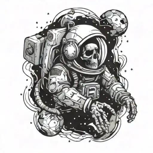 Skull Spaceman Broken Spacesuit Drifting In Space