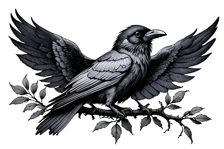 Raven With Sipped Wings On A Branch With Leaves