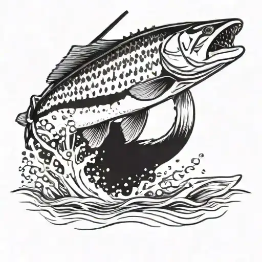 A Detailed Blackwork Tattoo Of A Trout Jumping Out Of The Water With A Hockey Stick In Its Mouth