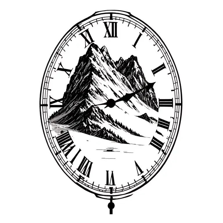 Mountain In Background With Clock Transposed On The Left
