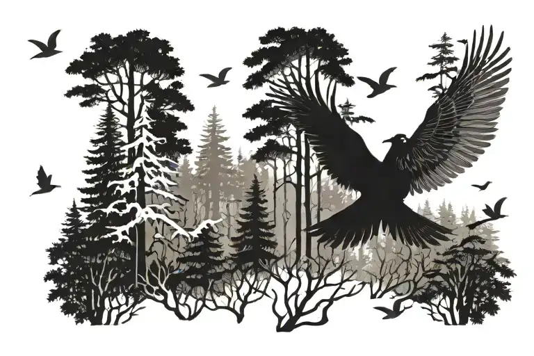 Forest With Birds Flying Together
