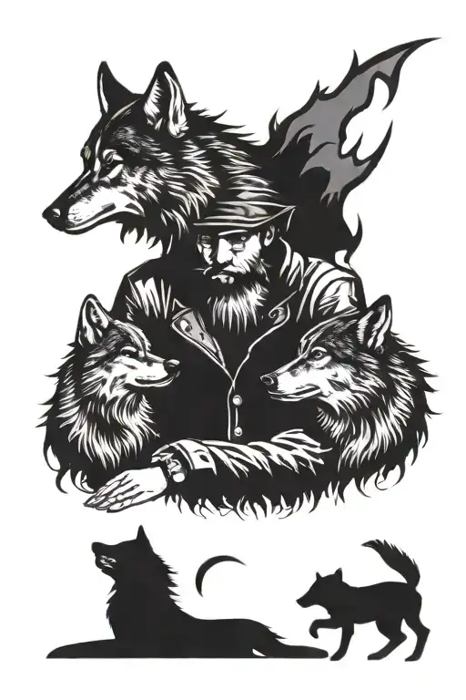 Father Wolf With Two Wolf Kids