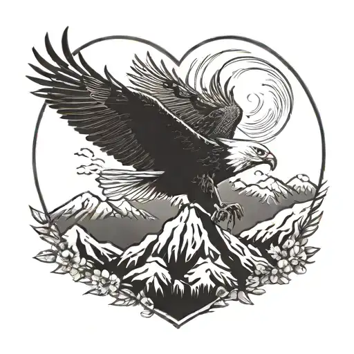 A Majestic Eagle Soaring Over A Mountain Range With A Heart-shaped Sun In The Background