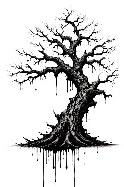 Dead Tree With Flowing Droplets Of Blood