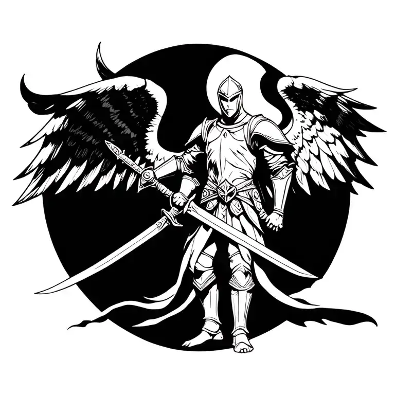 Full Body Knight Holding Sword With Wings Spread Wide