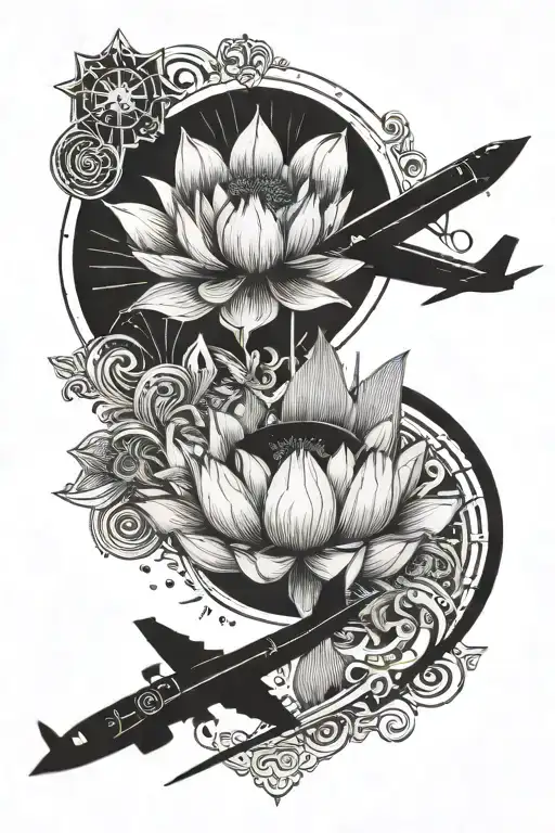 A Detailed Blackwork Tattoo Of A Lotus With Arrow Airplane And An Semi Colon