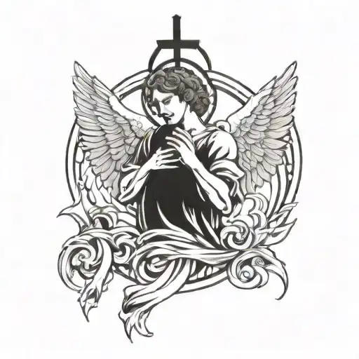 Angel With Wings Holding A Cross Above His Head Tattoo Holding