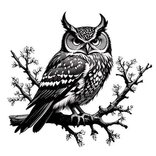 Horned Owl Perched On A Branch Facing Forward