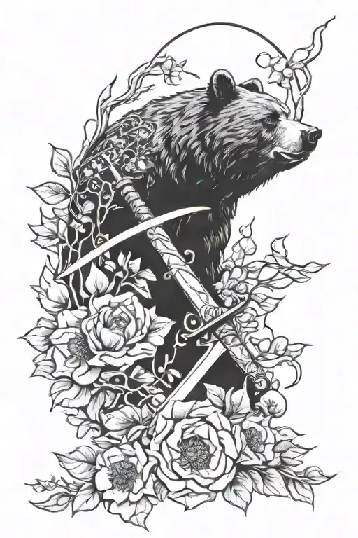 Bear Head With Moon Flowers Sword Going Through Middle With Trees