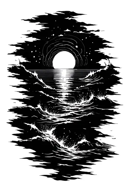 Abstract Black Line Drawing Ocean Scene