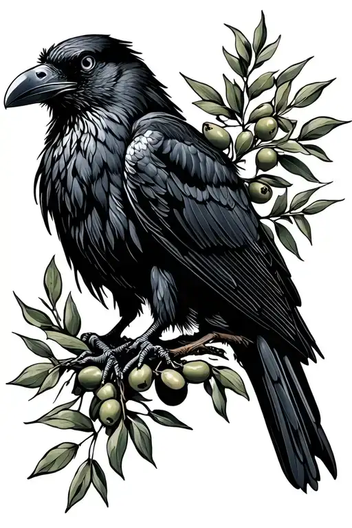 Sitting Black Raven Holding An Olive Branch