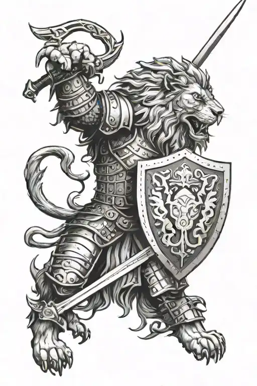 A Fierce Lion In Battle Armor Wielding A Sword And Shield