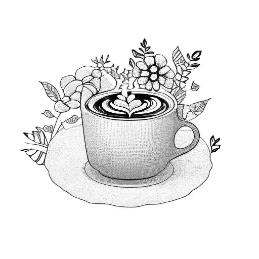 A Blackwork Illustration Of A Coffee Cup Surrounded By Blooming Flowers And Vibrant Green Leaves
