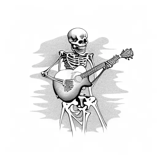 Detailed Sketch Of A Skeletal Figure Playing A Guitar In A Blackwork Style