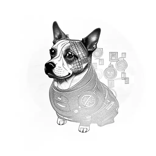 A Futuristic Blackwork Tattoo Of A Dog Surrounded By Stacks Of Money And Beautiful Women