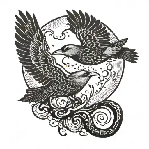 Moon And Bird Flying Together