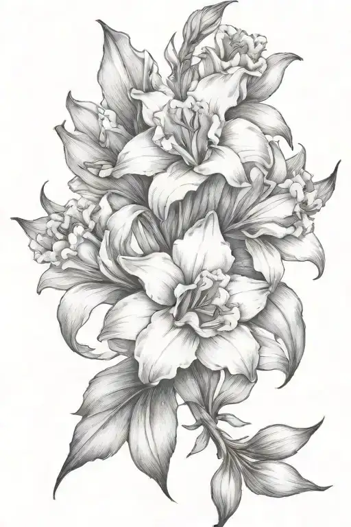 Gladiolous Flowers Grouped With Daffodil And Red Rose