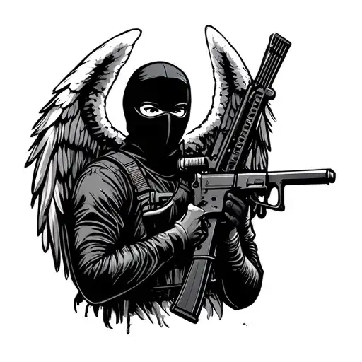 Make A Black And White Outline Of An Angel In A Black Ski Mask Holding And Ak-47 Assault Rifle