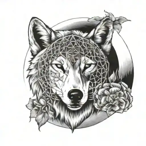 Full Moon With Flower Of Life Symbol Above The Wolf