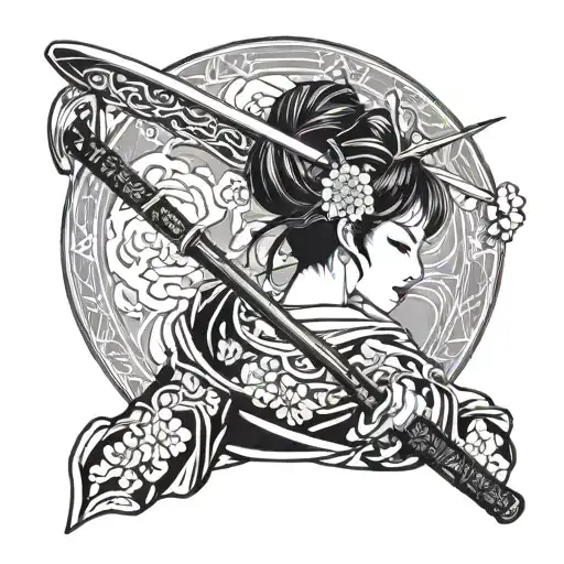 Anime Style Geisha Holding Katana With Back Showing And