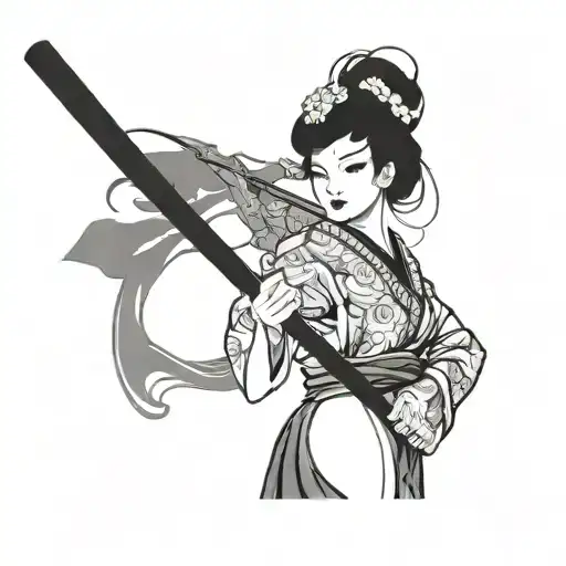 Anime Style Geisha Holding Katana With Bare Back Showing And