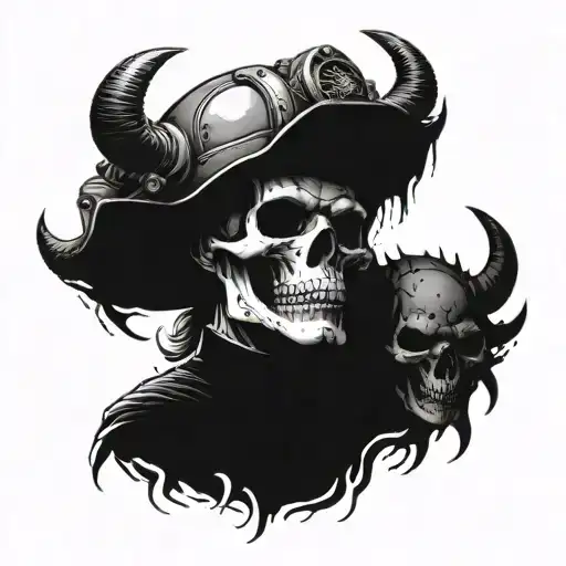 Skull Wearing Hard Hat Surrounded By Demons