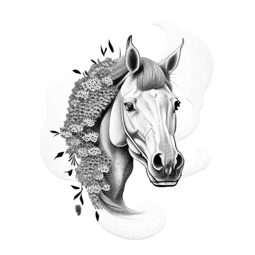 A Half Horse Head Composed Of Lavender Flowers In Dotwork Style