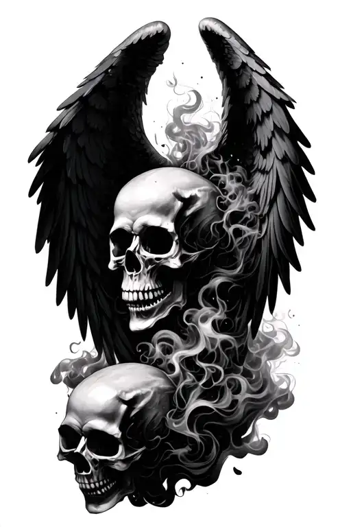 Angel Wings Intertwined In Smoke Morphing Into Skulls