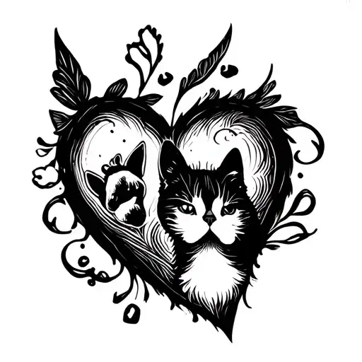 Heart With A Black Dog And Cat Footprint