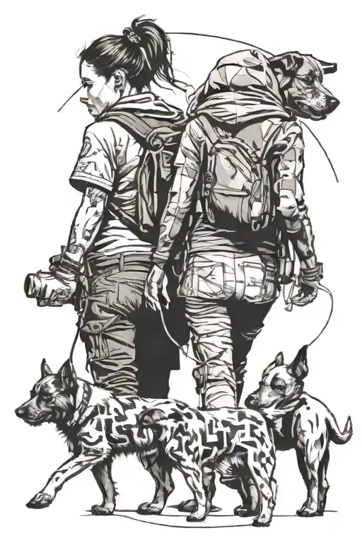 A Fit Woman Walk Away Her Back Towards The Viewer With 2 Dogs Following