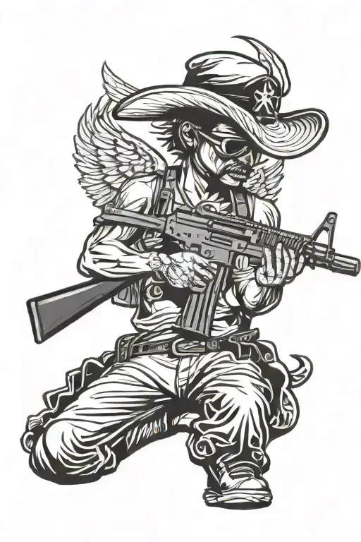 Blindfolded Cholo Angel Holding A Ar 15 Rifle