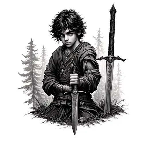 The Lost Boy In The Forest Holding A Sword